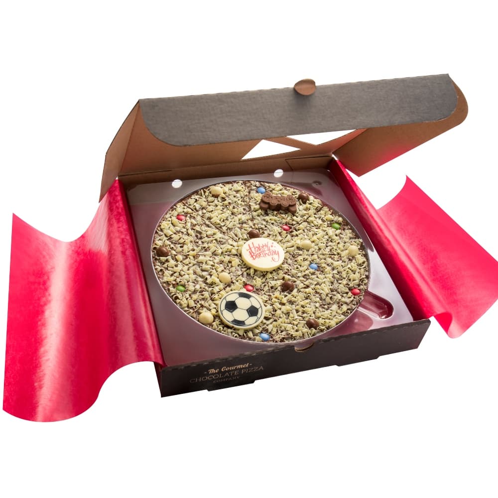 10" Gamers Birthday Pizza is decorated with milk chocolate game controller and a white chocolate football plaque
